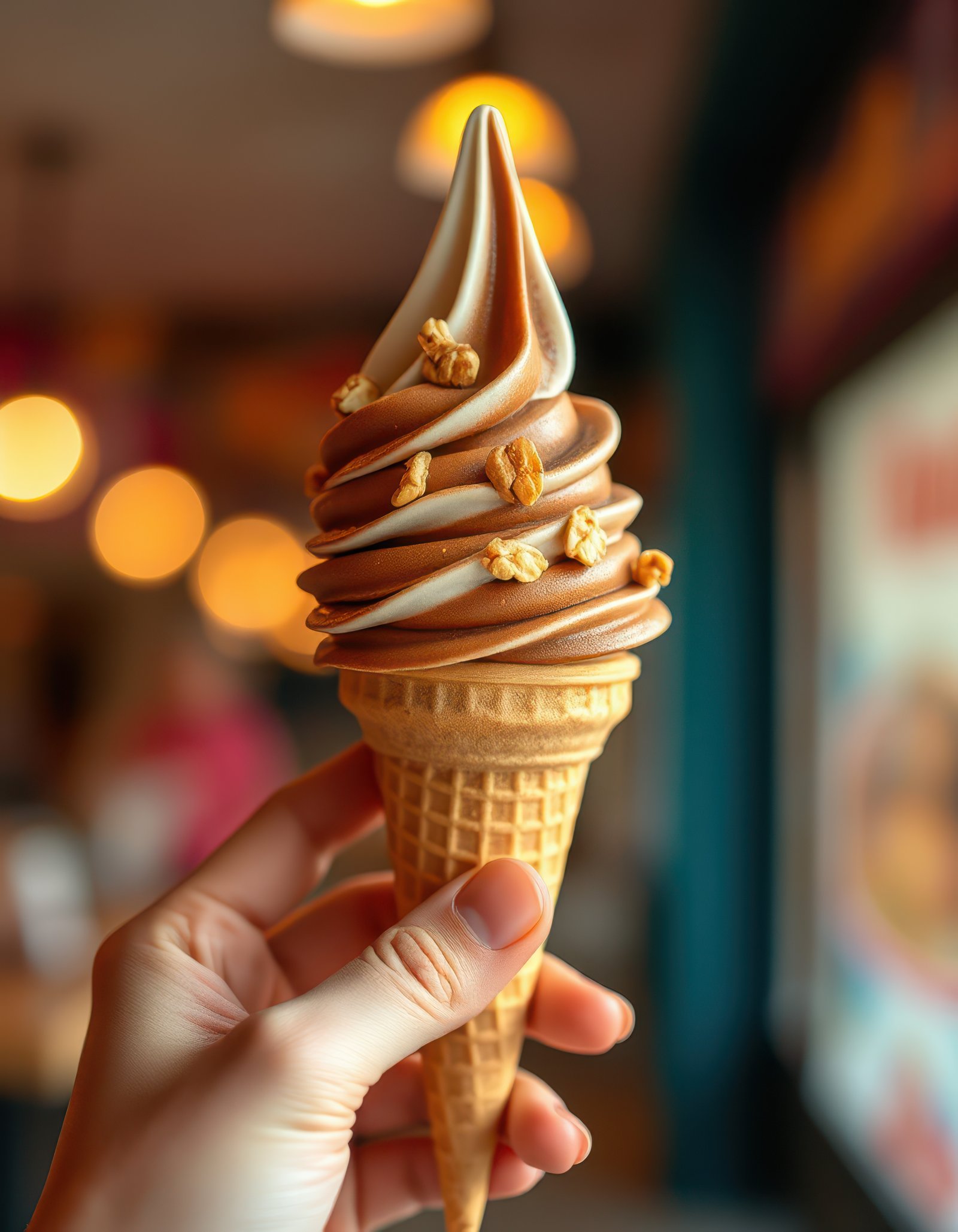 Enjoying a delectable swirl of chocolate and vanilla ice cream with caramel topping in a cozy cafe setting